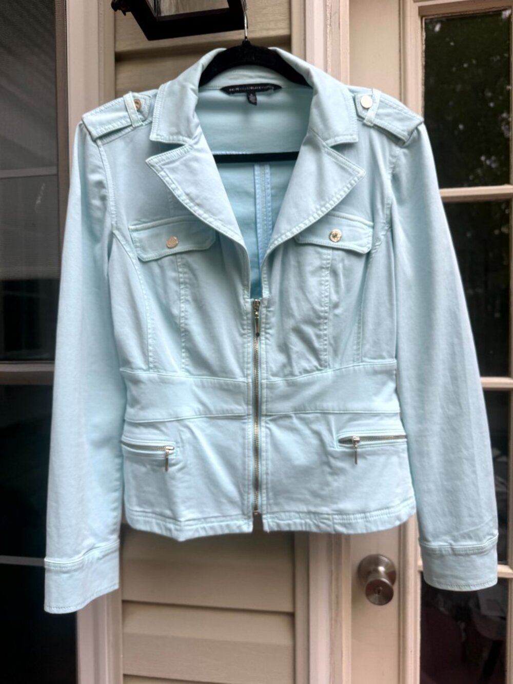 White House Black Market (WHBM) Stretch Zip Front Aqua Blue Peplum Jacket Size 6